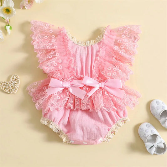 0-18Months Newborn Infant Baby Girl Floral Lace Bodysuits Summer Cute Bow Ruffles Flying Sleeves Rompers Clothes