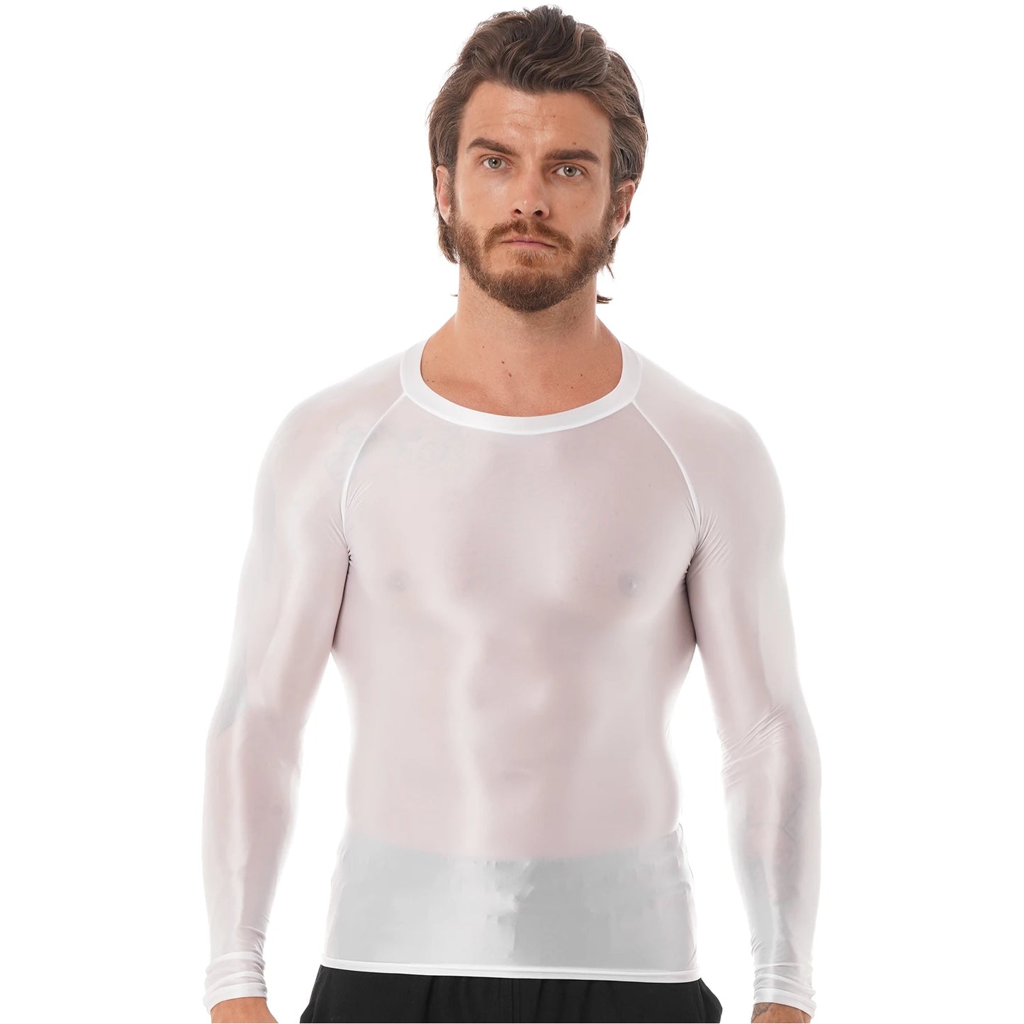 Men's Clothing Glossy O Neck Long Sleeve T-shirt Solid Color Slim Fit Breathable Shirt Tops Gym Jogging Yoga Sportwear