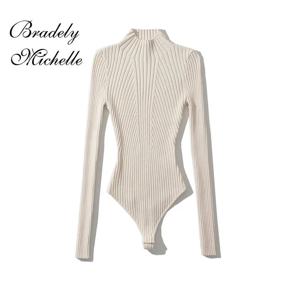 Women's Sexy Clothing Tops Stereo Texture Knit Solid Pullover High Collar Bodysuit Knitted High Strecth Jumpsuit Top