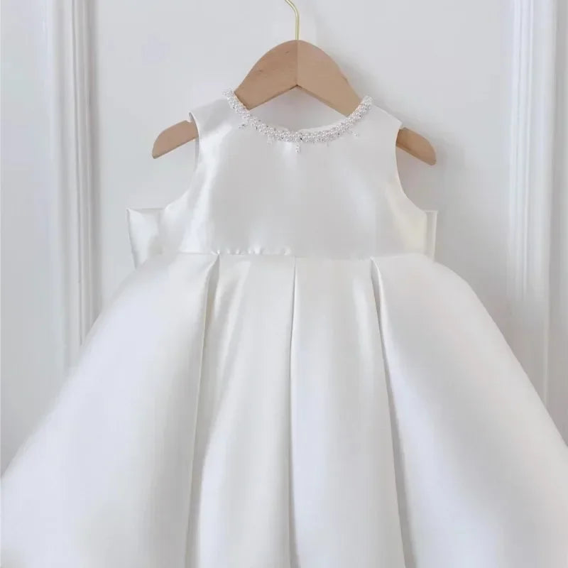 Baby Girl Princess Party Birthday Baptism Frocks Baby Clothes 1-7Y Pearl Silk Dress Cloak Infant Toddler Vintage Bow Vestidos