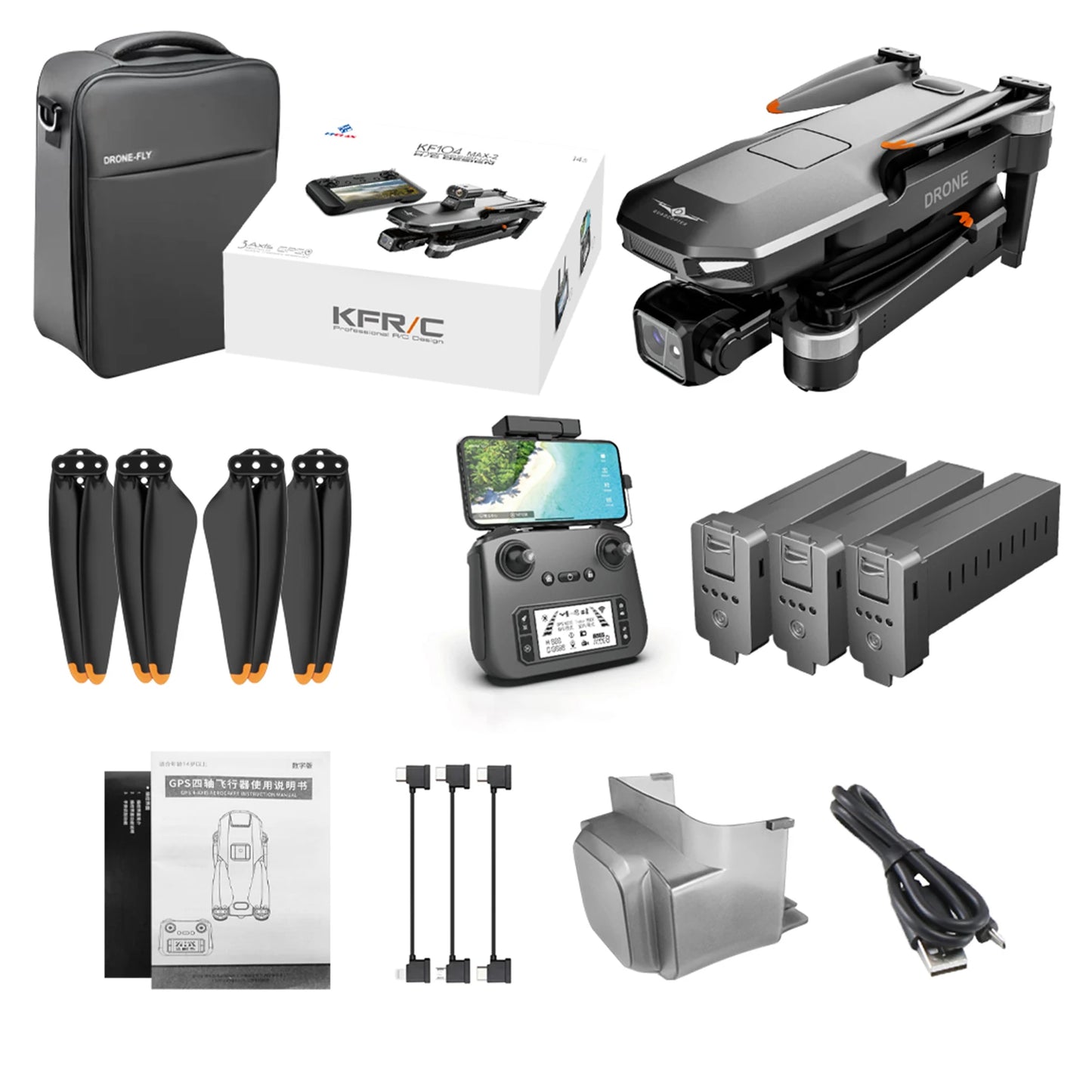 KF104MAX-2 KF104 RC Drone Intelligent Touch Screen FPV Brushless Control 3-axis Gimbal GPS Positioning Aerial Photography Drone