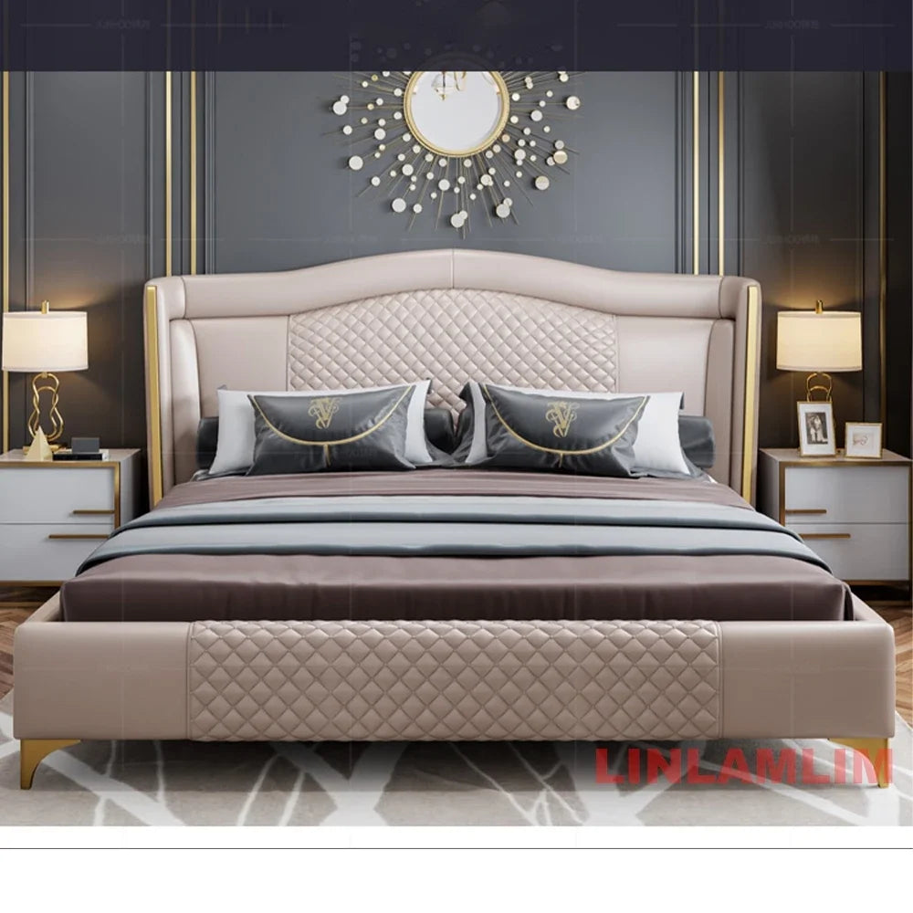 Linlamlim Luxury Genuine Leather Upholstered Bed with Quilted Headboard - Modern King/Queen Size Soft Bed with Gold Accents