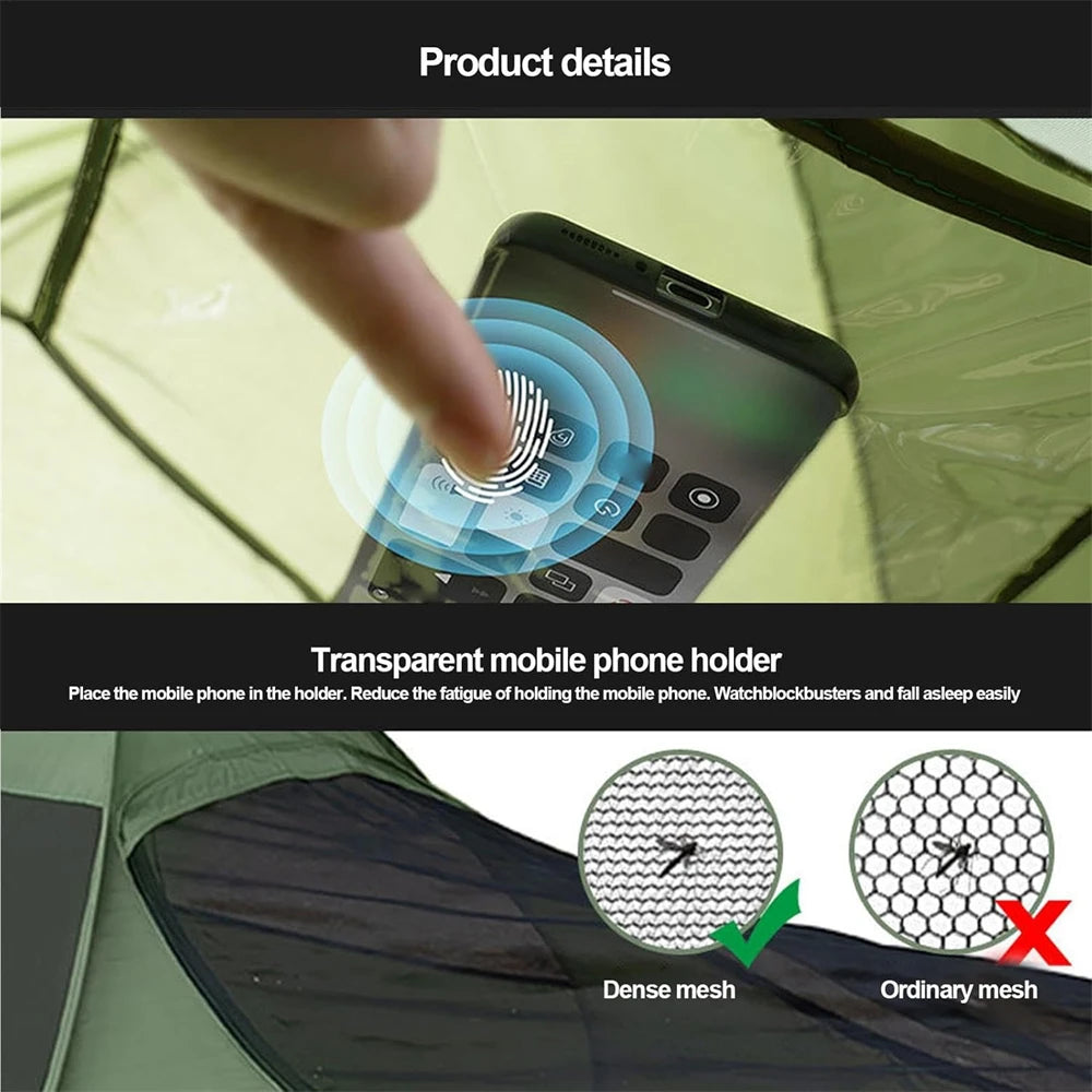 Foldable Pop-Up Single Tent Portable Camping Tent Canopy Sleeping Net with Double Zipper Finer Mesh with Clear Phone Pouch