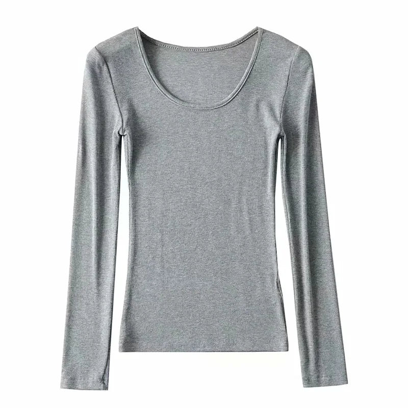 2025 Women Clothing Tops Fit Casual Elastic Cotton Solid O-neck full sleeve T-shirt