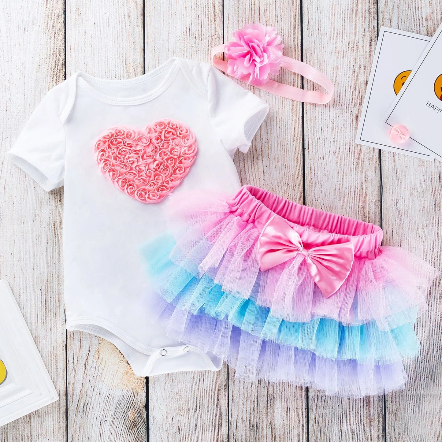 Newborn Girl Sweet Clothes Cotton First Birthday Bodysuit Cake Smash Tutu Skirt Headband Baby Girl Birthday Outfits Party Wear