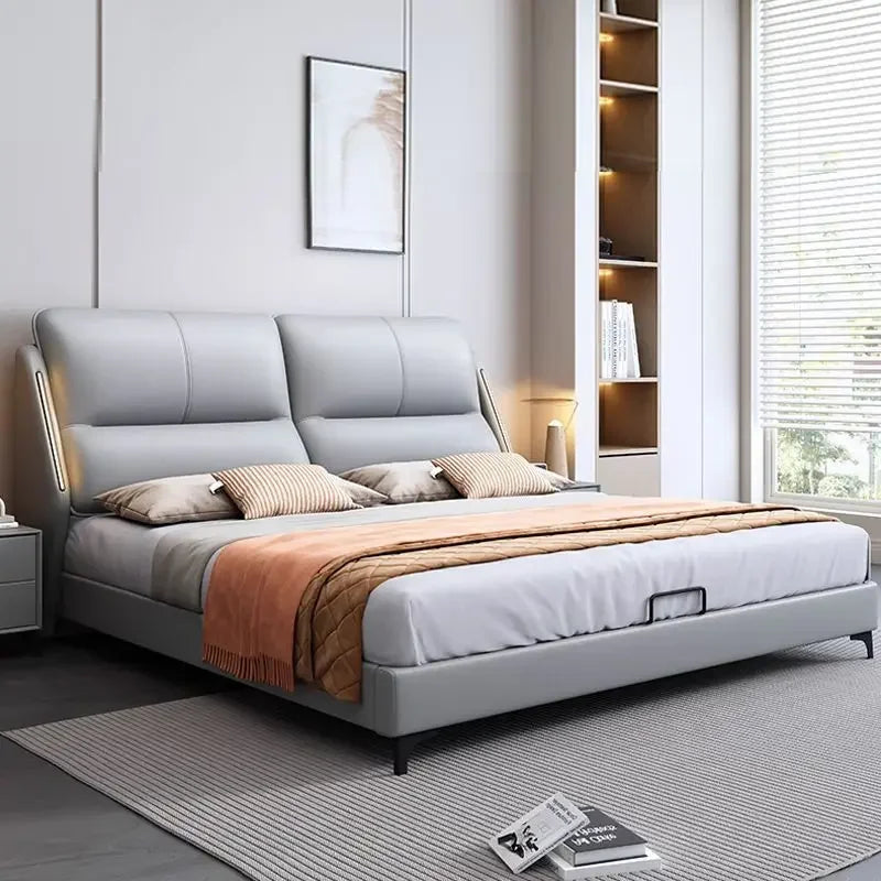 Light luxury soft leather bed with induction light strip Modern simple new master bedroom High-end atmosphere Minimalist leave-i