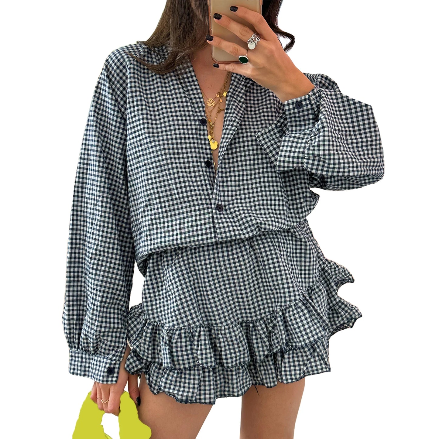 Women's Aesthetic 2 Piece Clothes Outfits Sets Plaid Long Sleeve Button Down Shirts Tops Tiered Ruffle Skirted Shorts Loungewear