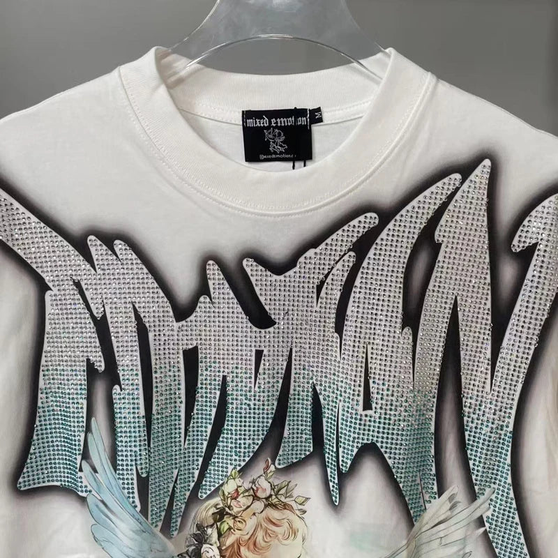 Men's Clothing MIXED EMOTION T-shirts American Streetwear Interesting Angel Print Hot Drill Letter Logo Top Tee Short Sleeve