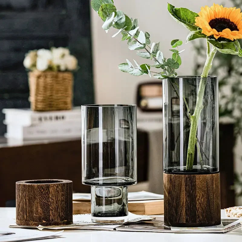 Vases Simple European Hydroponic Plant Household Living Room Table Inserted Flower Wood Base Transparent Glass Vase Home Decor