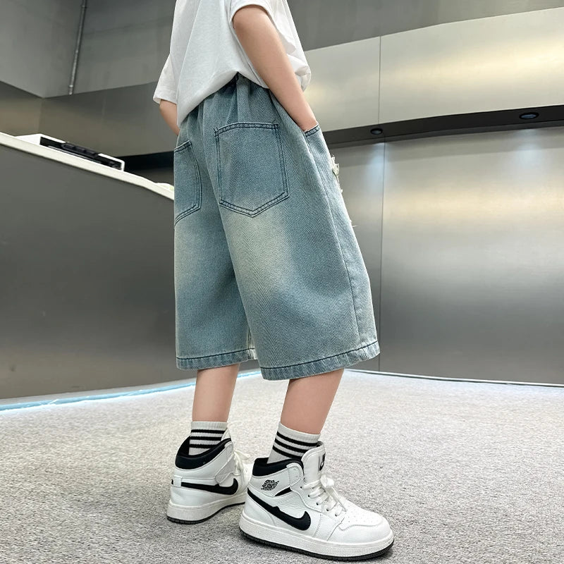 Boy Star Jeans 2025 Summer New Product Fashion Boys Denim Mid-Pants Children's Casual Cropped Pants 5-15 Years Old
