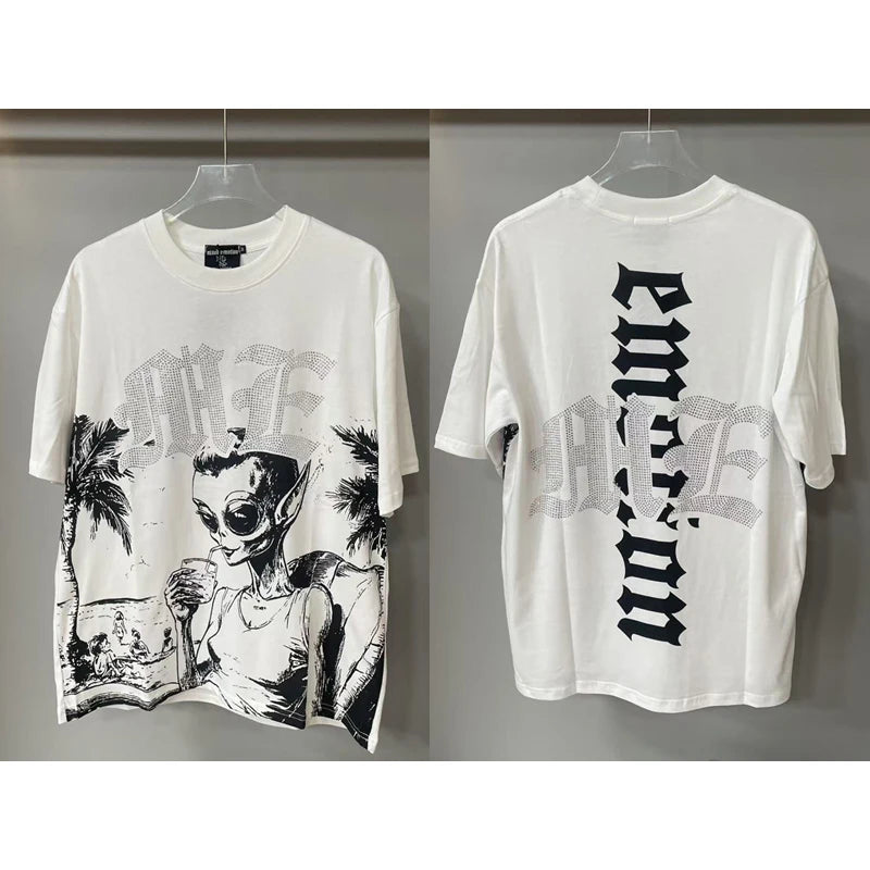 Men's Clothing MIXED EMOTION T-shirts American Streetwear Interesting Angel Print Hot Drill Letter Logo Top Tee Short Sleeve