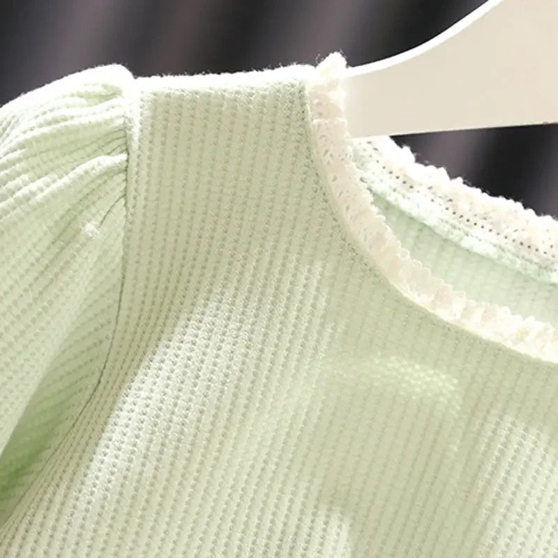 Baby Girl T-Shirts Plaid Bottoming Shirt Girl Baby Summer Korean New Girl Lace Short-sleeved T-shirt Children's Clothing