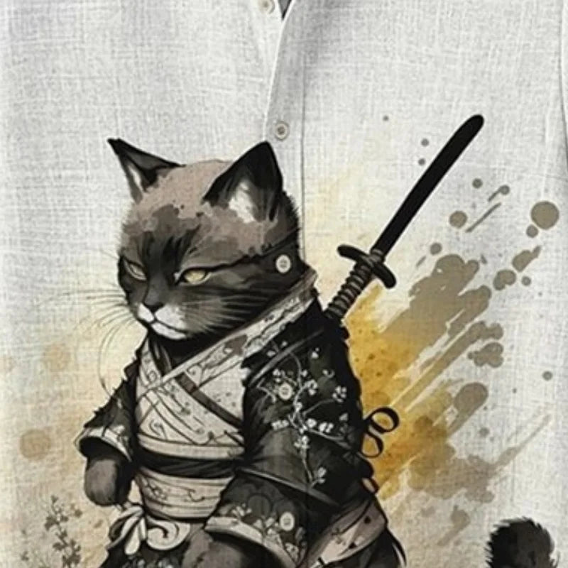 Men's Clothings Blouse Japanese Samurai Cat Meditating Art Linen Blend Cozy Shirt Short Sleeve Retro American Style Harajuku Top