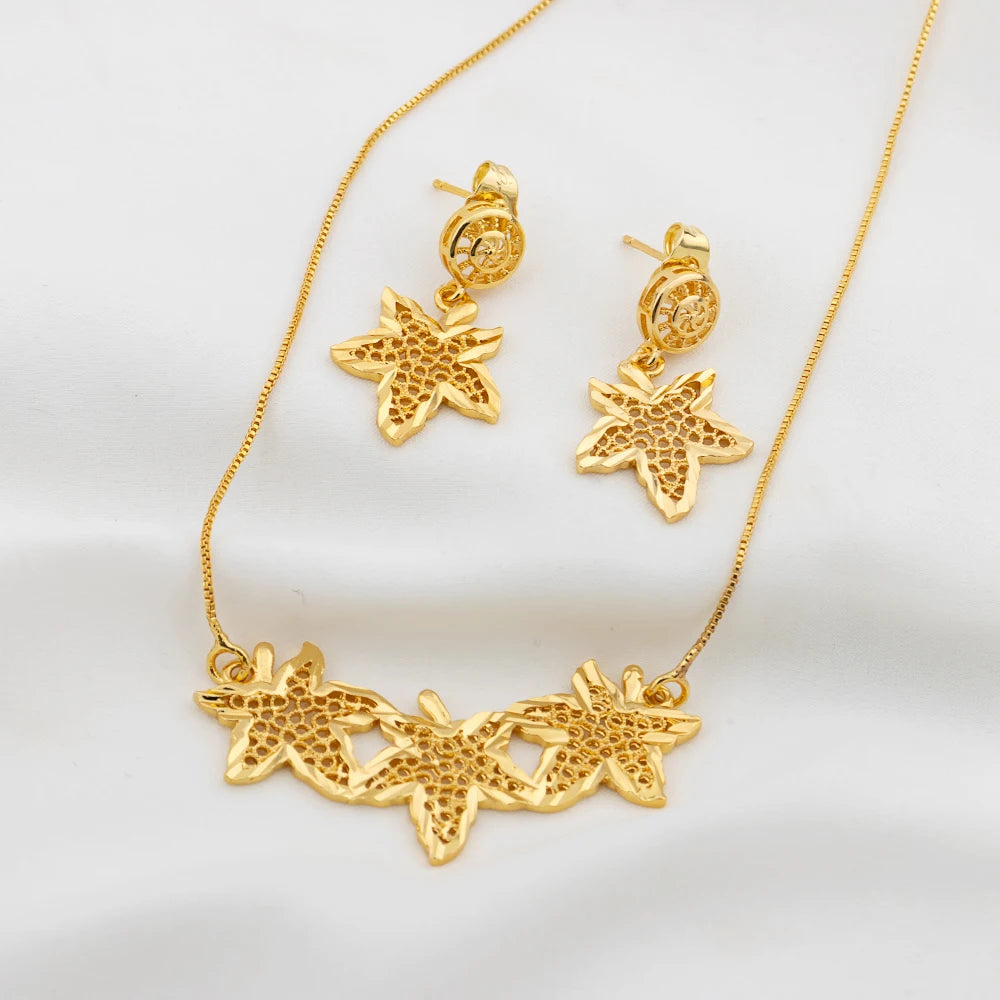 Woman Jewelry Sets Gold Color Retro Round Pendant Necklace Star Earrings Fashion Party Wedding Jewelry Accessory Holiday Gifts
