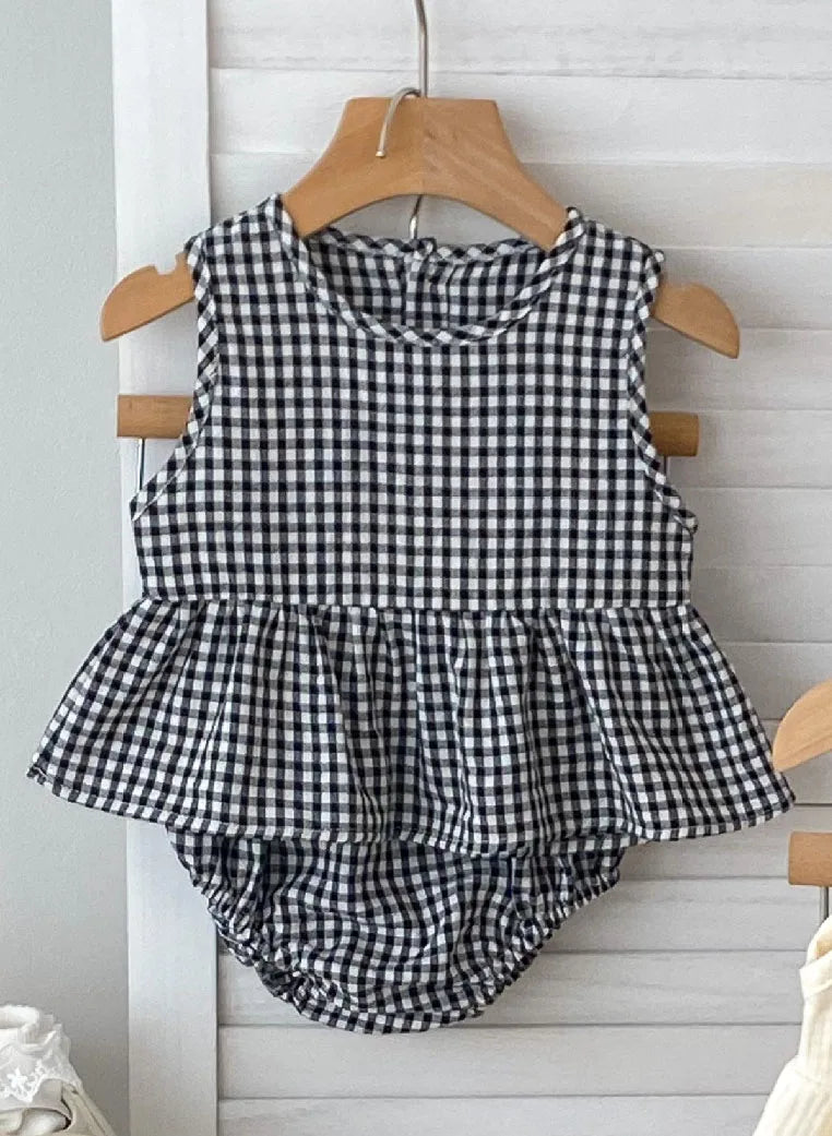 New Summer Baby Girl's Clothing Set Embroidered Floral Tee And Bloomer 2Pcs Suit Toddler Breathable Cotton Linen Plaid Outfit