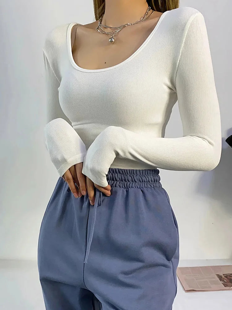 2025 Women Clothing Tops Fit Casual Elastic Cotton Solid O-neck full sleeve T-shirt