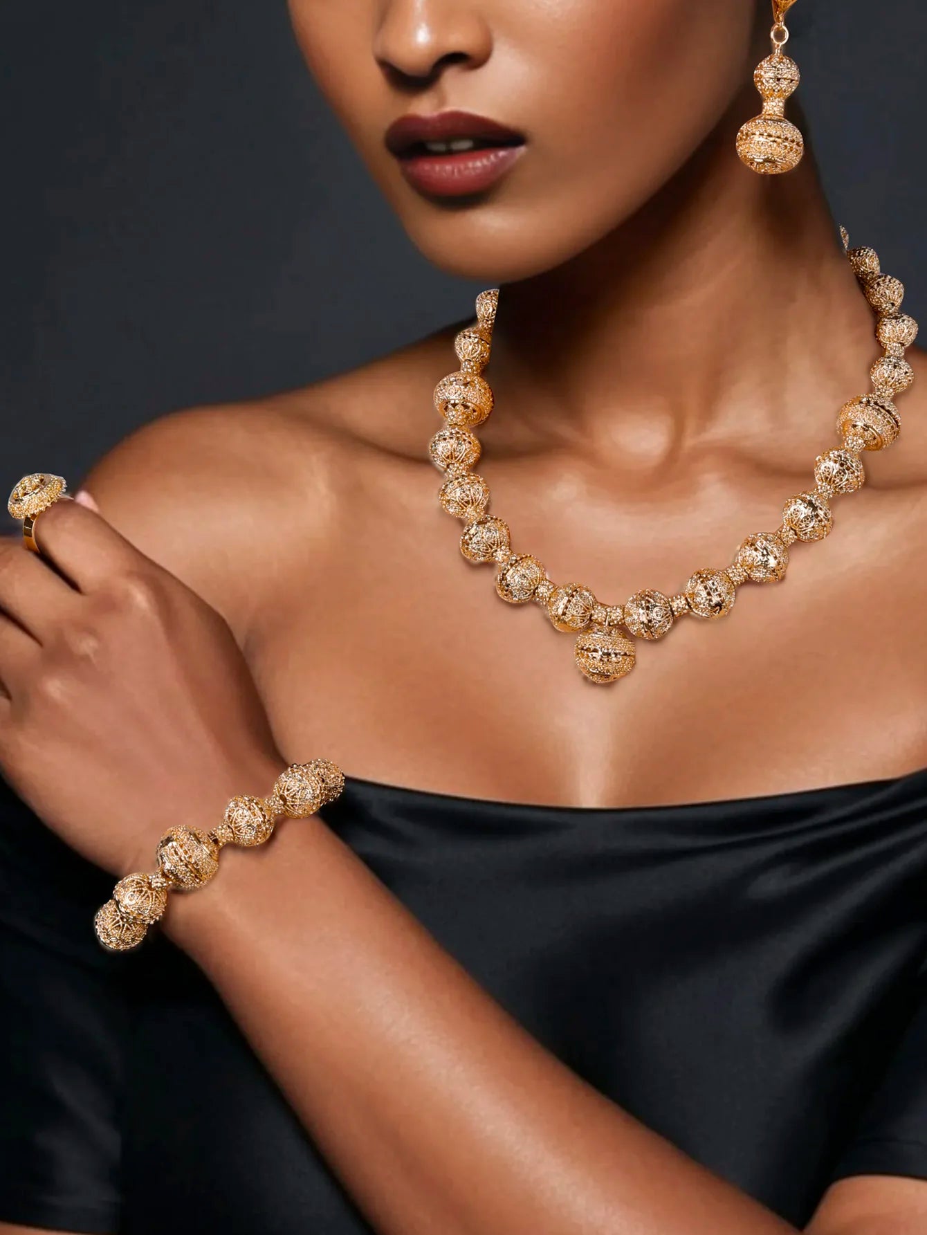 Dubai Jewelry Set for Women 18K Gold Plated Luxury Bead Necklace Earrings Bracelet Ring Set Jewelry Wedding Party Trending