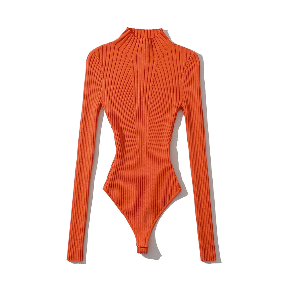 Women's Sexy Clothing Tops Stereo Texture Knit Solid Pullover High Collar Bodysuit Knitted High Strecth Jumpsuit Top