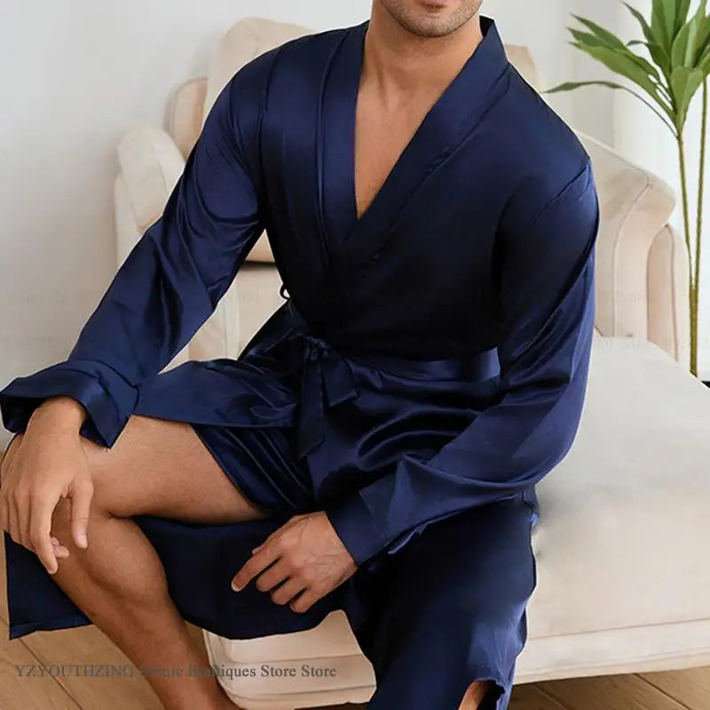 Men's Long Robe Pajama 2-Piece Set Silk Satin Kimono Bathrobe Gown Home Clothing Loose Casual Pijamas Suit Loungewear Sleepwear