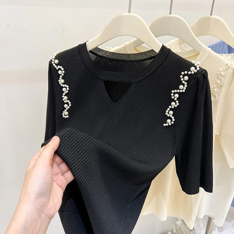 Women's Clothing Pretty Fashion T-Shirt Summer Hollow Out Knit Pearl Sleeve Short Tee Lady Versatile V-neck Sweet Spicy Wind Top