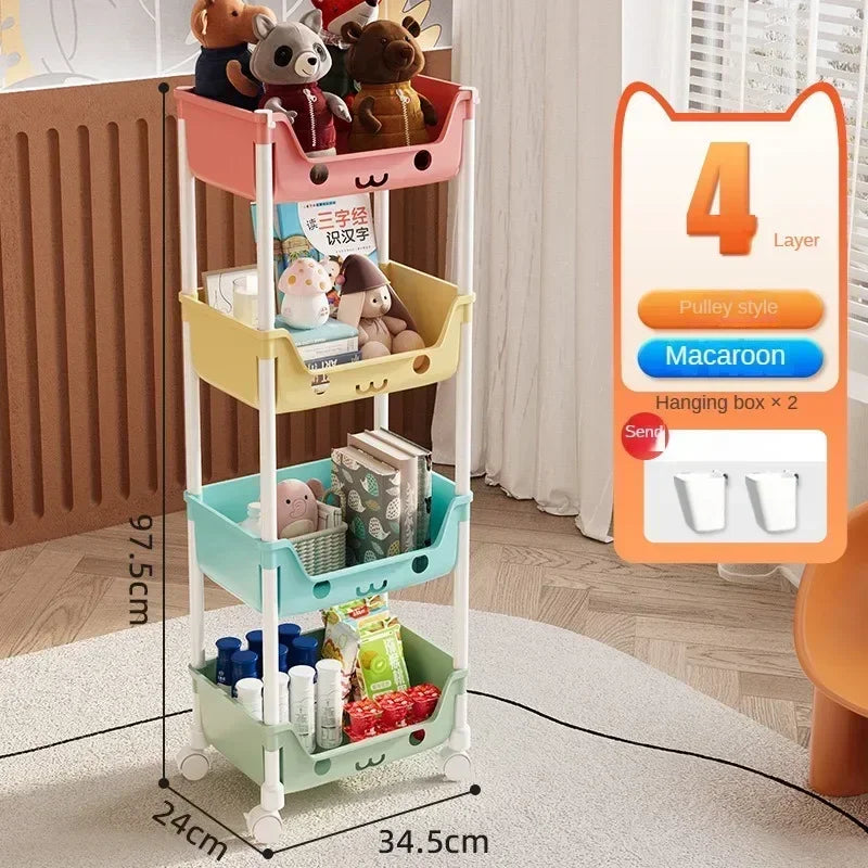 Household living room multi-layer cartoon smiley movable trolley floor shelves children's toys snacks book bags organizing rack