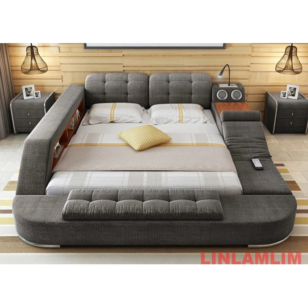Tech Smart Bed Frame Multifunctional Massage Bed Ultimate Bed, Genuine Leather Tatami Upholstered Bed with Bluetooth Speaker