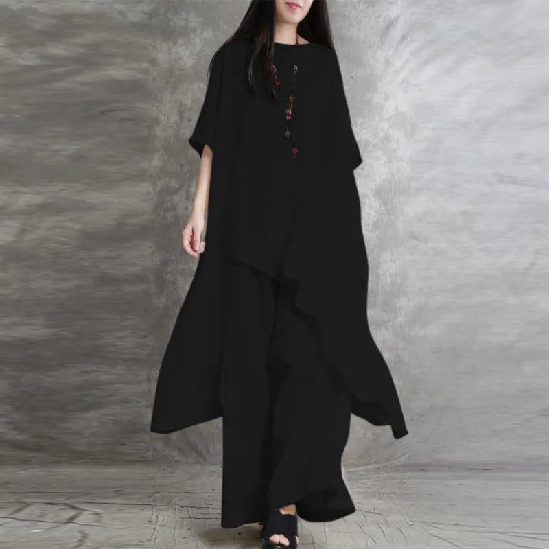 Women's Cotton Linen 2-piece Sets Large Size Casual Wear Sportswear Suit Short-Sleeved O-Neck Top Wide Leg Pants Suits For Women