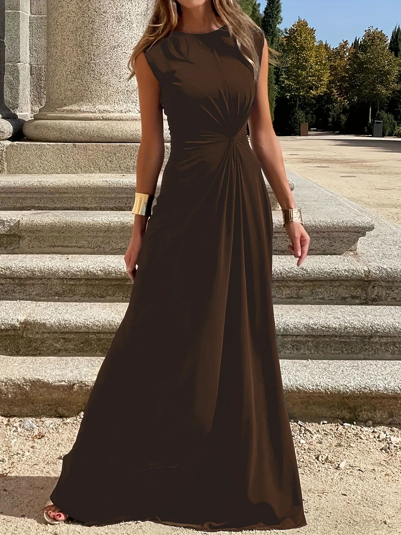 Women's clothing long dress fashionable casual outdoor temperament commuting waist cinching elegant round neck dress