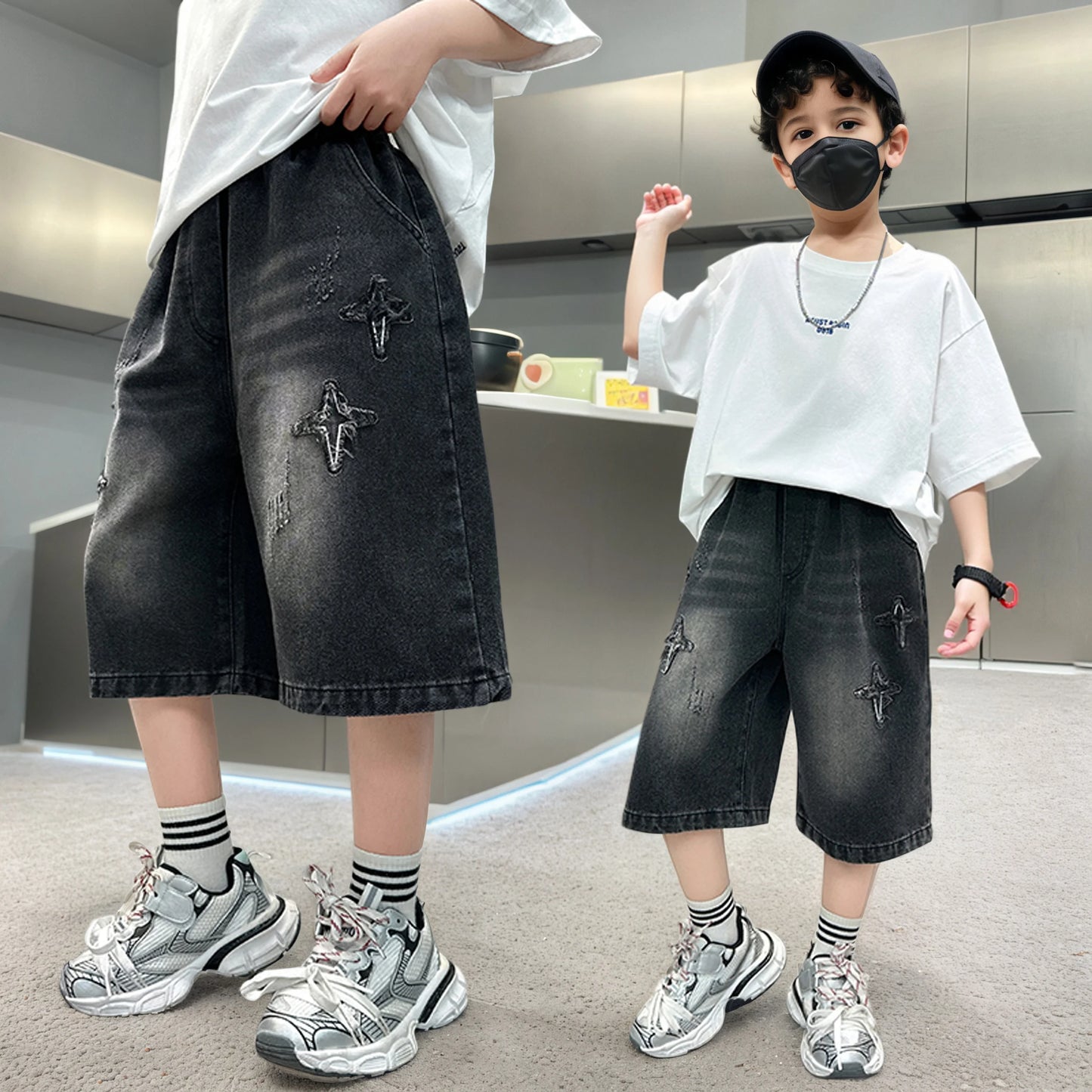 Boy Star Jeans 2025 Summer New Product Fashion Boys Denim Mid-Pants Children's Casual Cropped Pants 5-15 Years Old