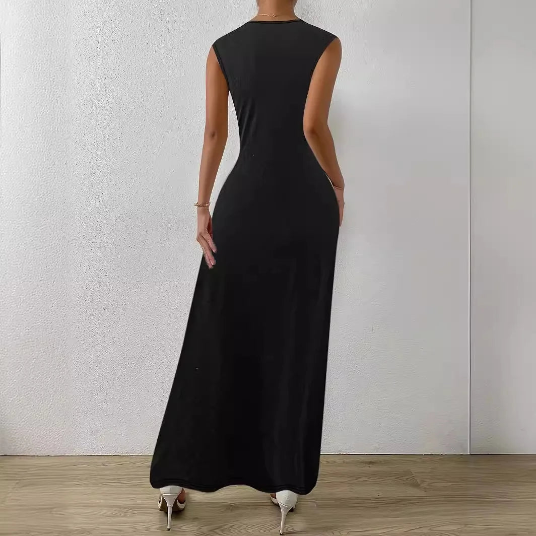 Women's clothing long dress fashionable casual outdoor temperament commuting waist cinching elegant round neck dress
