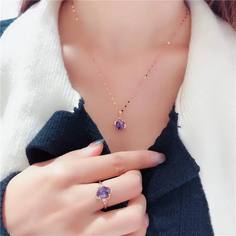 Women's Jewelry 585 Purple Gold Inlaid Sapphire Oval Crystal Chains Woman Exquisite Elegant Charm 14K Rose Gold Pendant