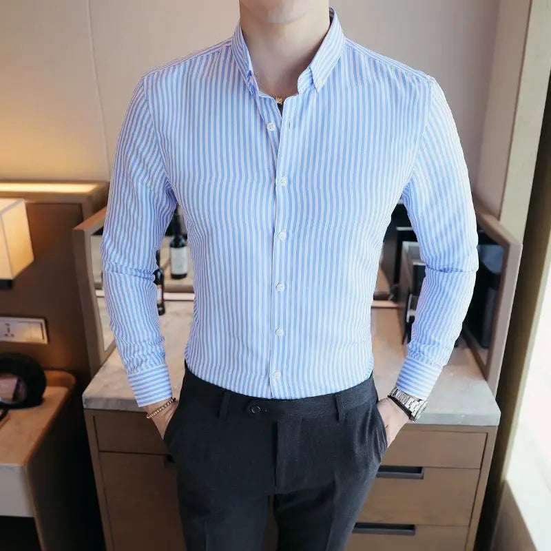 Men's Clothing Fashion British Style Striped Business Casual All Match Shirt Long Sleeve Slim No Ironing Tops Camisas De Hombre