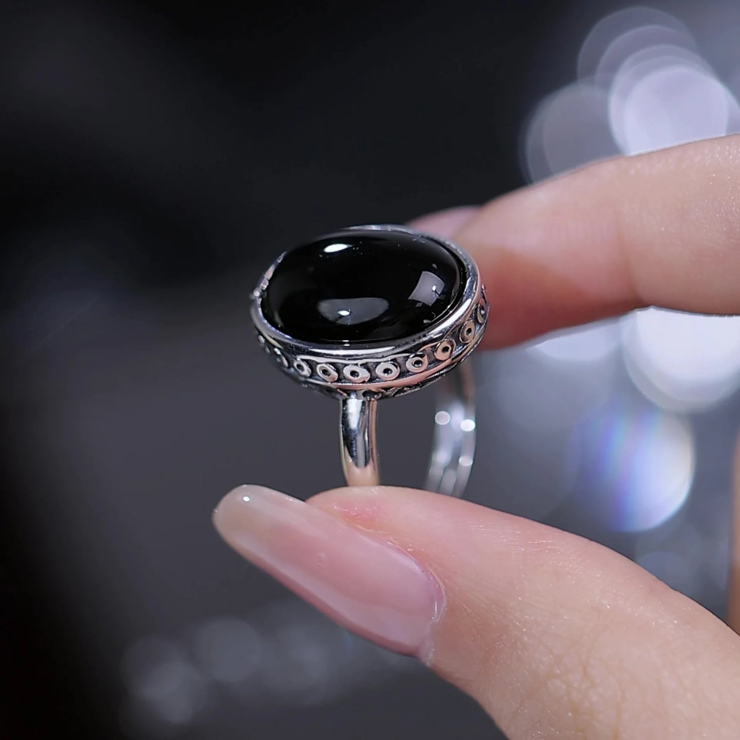 S925 Sterling Silver Woman Rings with Onyx Black Gemstone Vintage Luxury Adjustable Fine Jewelry Rings for Women