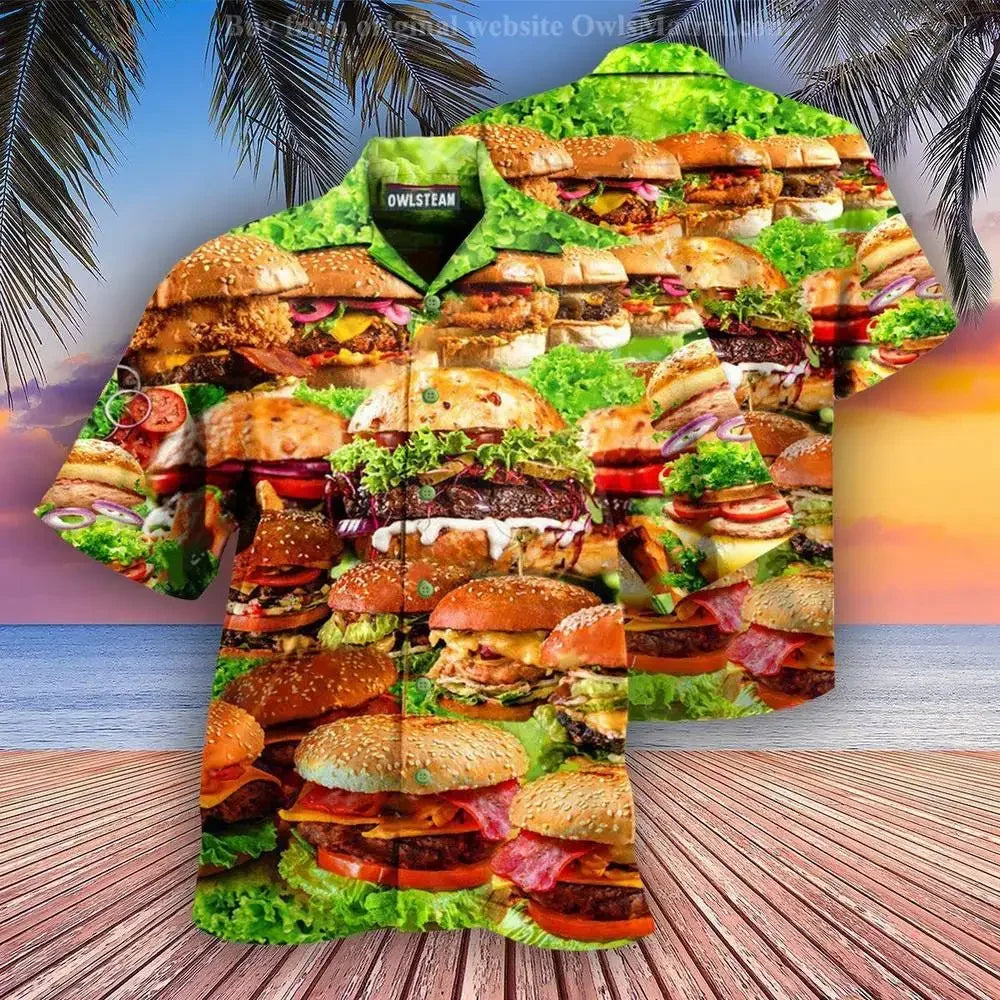 2023 Men's Clothing Men's Shirts Binge Hamburger Funny Hip Hop Beach Summer Hawaii Tops Cuban Style Oversize Fat Button Shirts