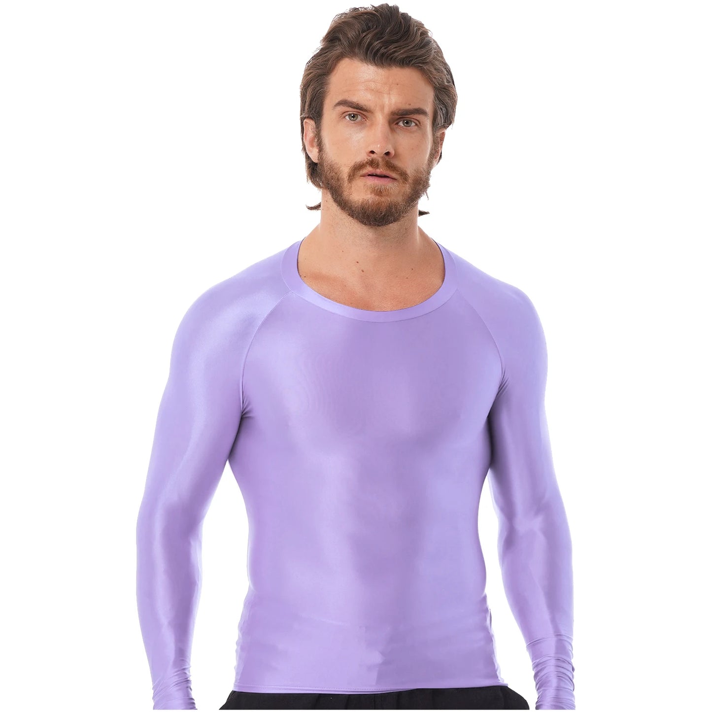 Men's Clothing Glossy O Neck Long Sleeve T-shirt Solid Color Slim Fit Breathable Shirt Tops Gym Jogging Yoga Sportwear