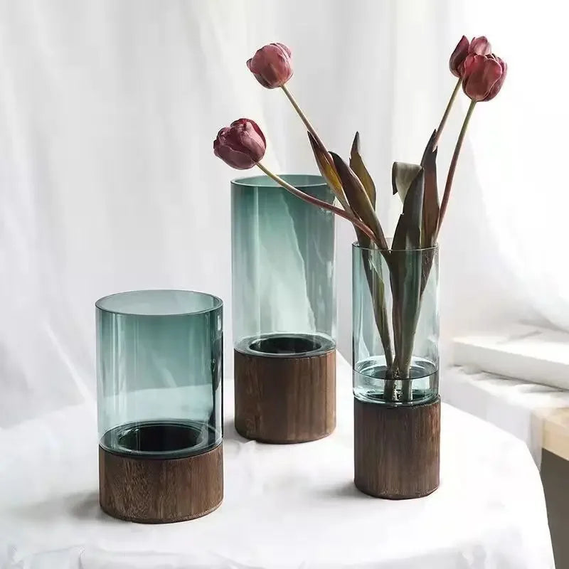 Vases Simple European Hydroponic Plant Household Living Room Table Inserted Flower Wood Base Transparent Glass Vase Home Decor