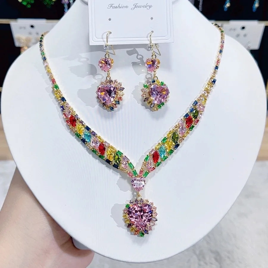 Women Rainbow Gemstone Necklace 18K Gold Plated Waterdrop Zirconia Earrings 2024