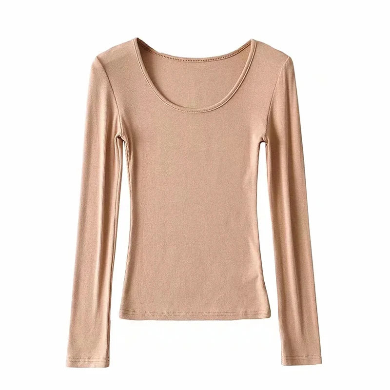 2025 Women Clothing Tops Fit Casual Elastic Cotton Solid O-neck full sleeve T-shirt
