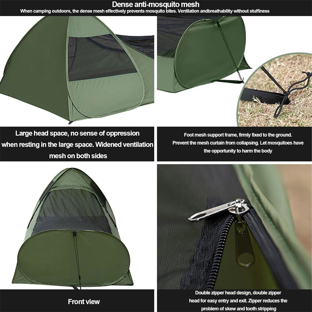 Foldable Pop-Up Single Tent Portable Camping Tent Canopy Sleeping Net with Double Zipper Finer Mesh with Clear Phone Pouch