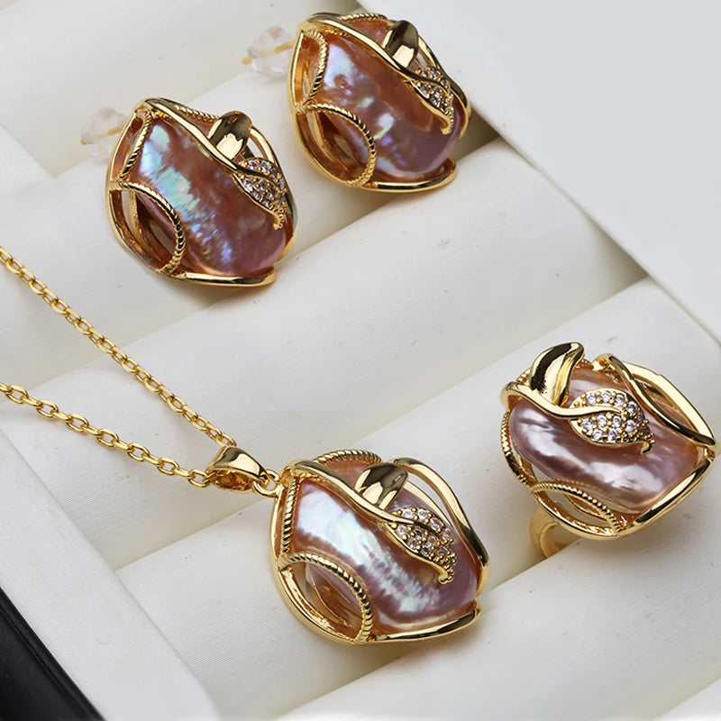 Natural Freshwater Baroque Pearl Necklace and Earrings Woman,Wedding 18K Gold Plating Big Pearl Jewelry Sets Wife Mother Gift