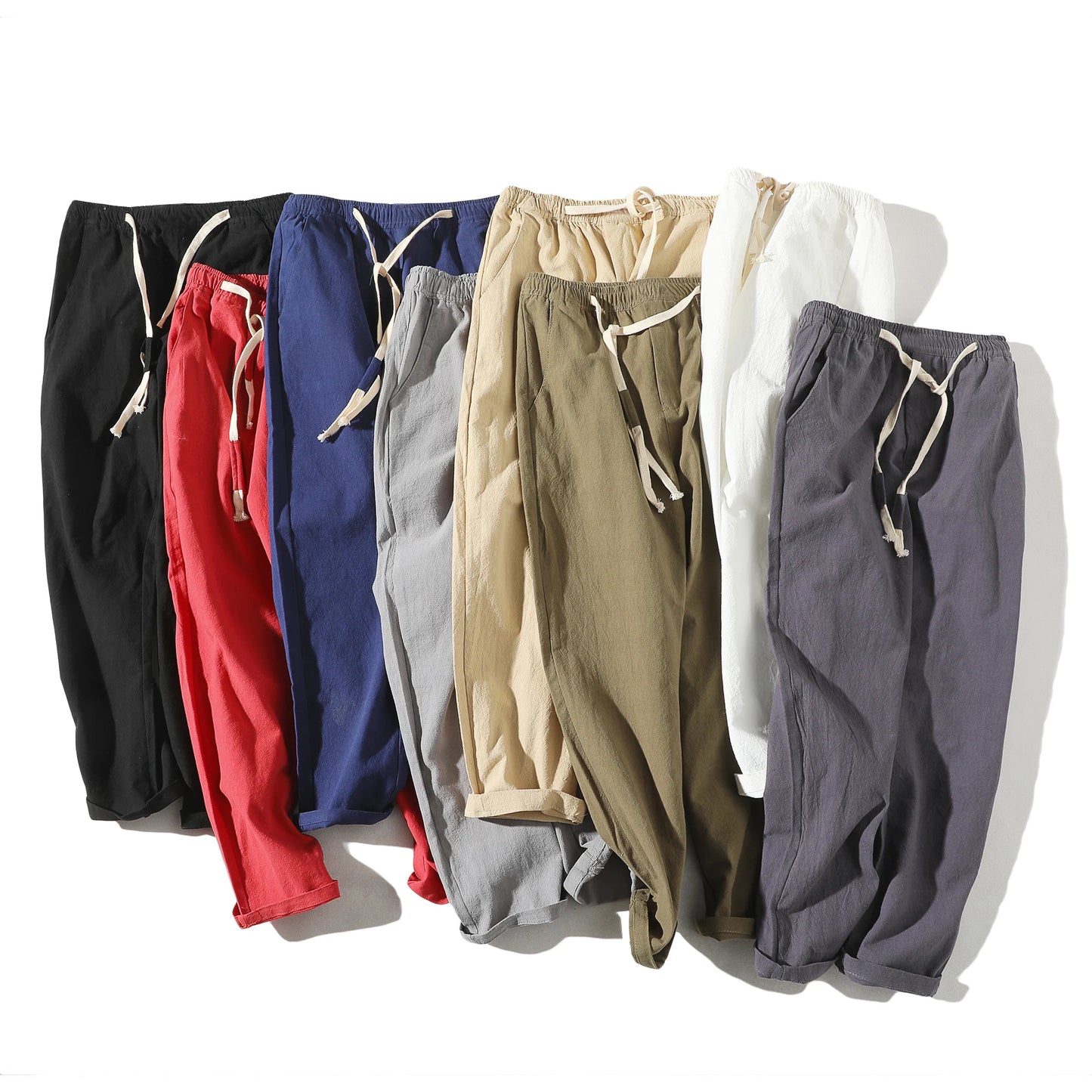 2025 Men's Cotton Linen Pants Male Summer New Breathable Solid Color Linen Trousers Fitness Streetwear Ankle Length Trousers 5XL