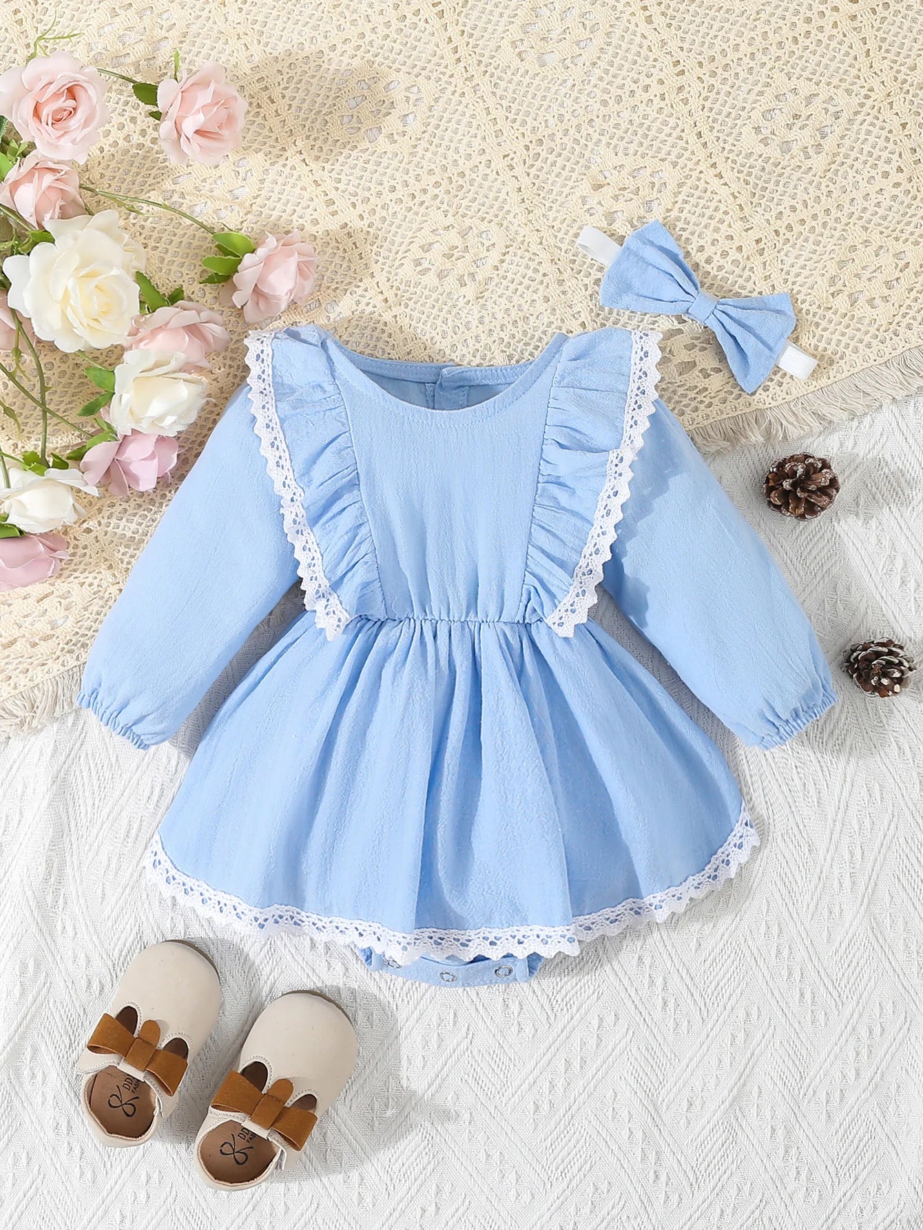 Baby Girl‘s Clothes 2Pcs Cute Lace Ruffled Long Sleeve Cotton Dress Headwear Toddler Girl's Clothing Outfit Set