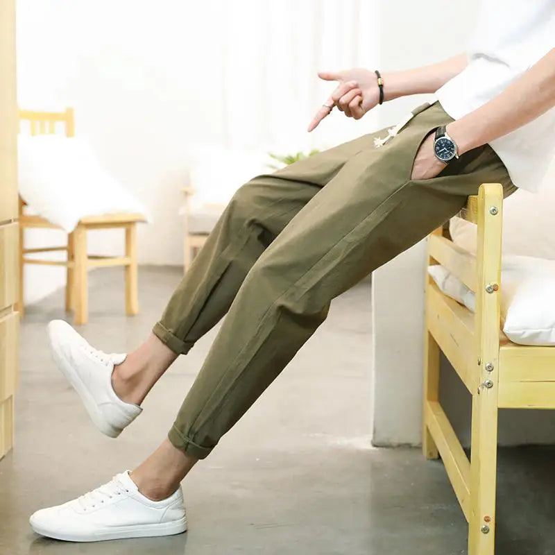 2025 Men's Cotton Linen Pants Male Summer New Breathable Solid Color Linen Trousers Fitness Streetwear Ankle Length Trousers 5XL