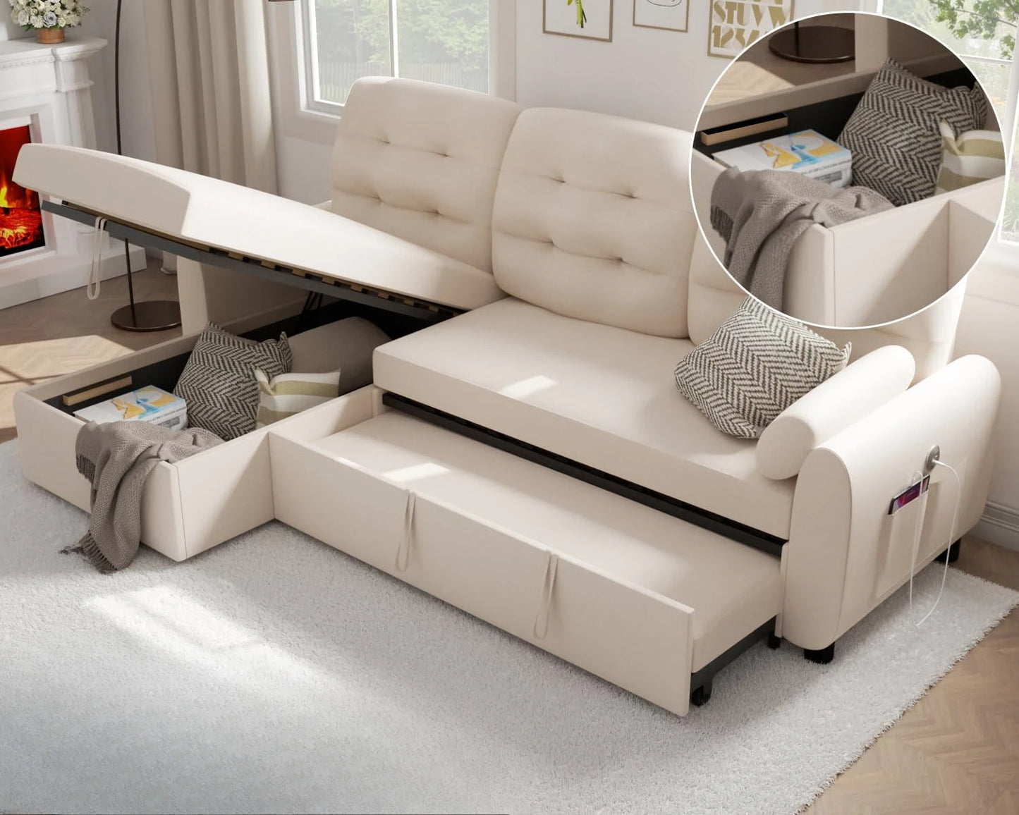 Living Room Sofa, Sectional Sofas, 87" Sleeper Sofa Bed with Side Pocket&Charging Station,Removable Backrest, Living Room Sofa