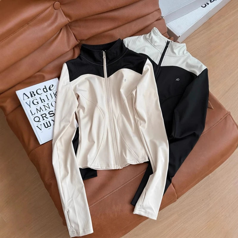 Fitness Yoga Clothing for Women 2025 New Letter Printed Contrasting Long Sleeved Top Running Exercise Commute Zipper Top
