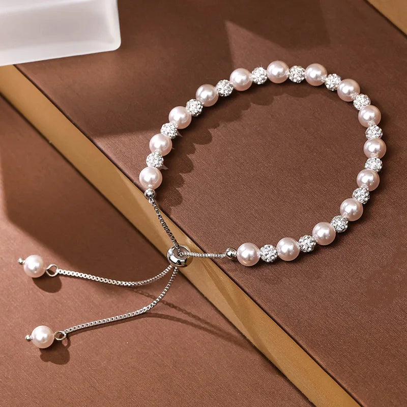 Natural Pearl Diamond Crystal Bead Bracelet Women Silver Elegant Bangle Chain