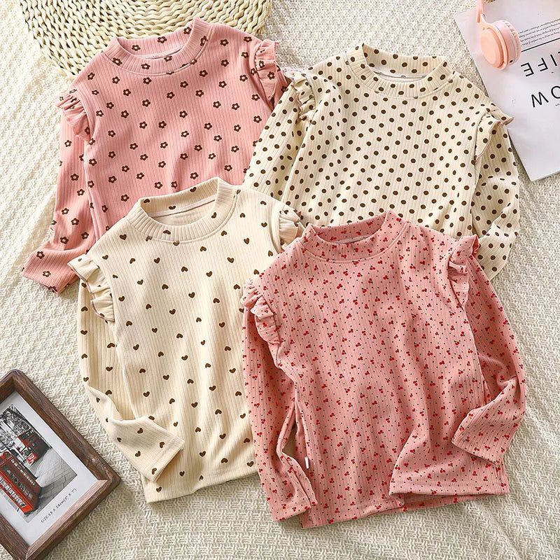 2-10T Baby girl clothes Long Sleeved Undershirt Cute Floral Dots T-shirt Sweet Children girl blouse