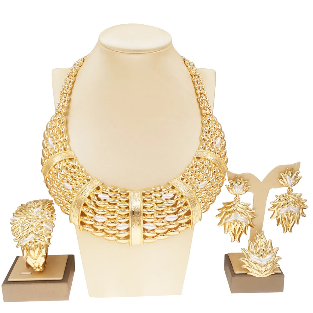 Woman Jewelry Set Italian Gold Plated Big Necklace Bracelet Ring Luxury Hollow Out Round Pendant Banquet Party Favors