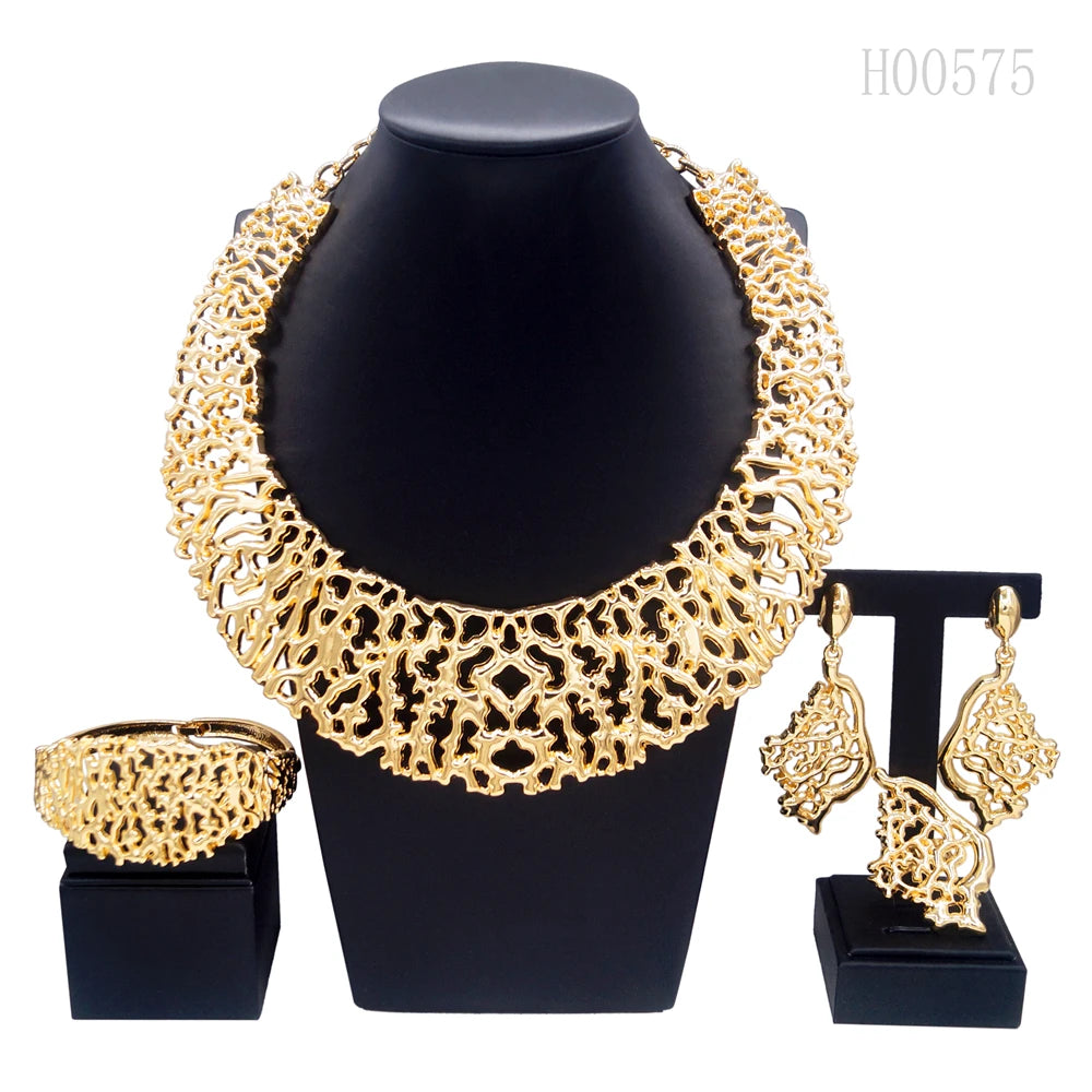 Woman Jewelry Set Italian Gold Plated Big Necklace Bracelet Ring Luxury Hollow Out Round Pendant Banquet Party Favors