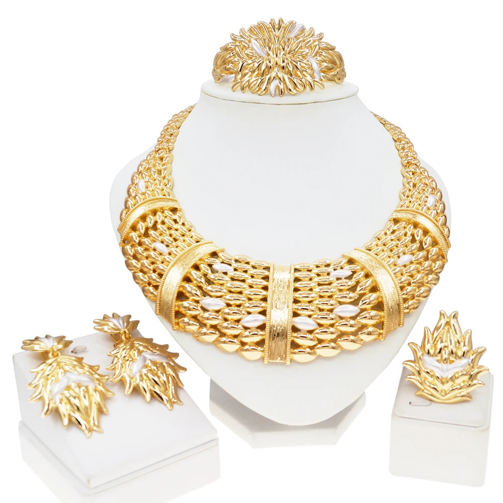 Woman Jewelry Set Italian Gold Plated Big Necklace Bracelet Ring Luxury Hollow Out Round Pendant Banquet Party Favors